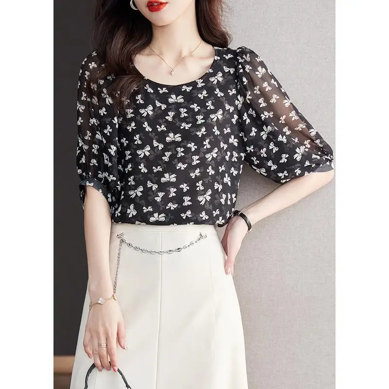 

Summer Simple Round Neck Pullover Chiffon Blouse Women's Fashion Light Maturity Style Elegant Bow Design Top Thin