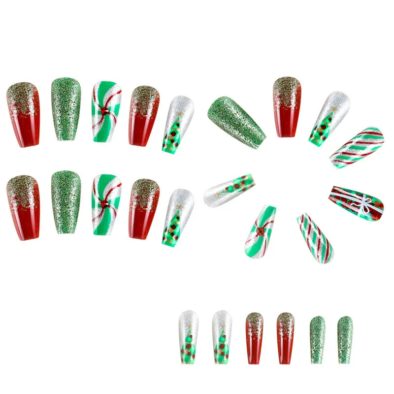 Medium-Length Christmas Press-On Nails, European Style, Ready-Made Festive Fake Nail Tips