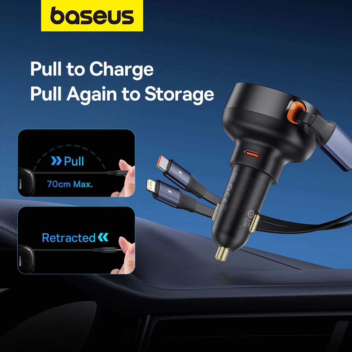 Baseus-Carregador de carro com cabo USB tipo C, PD, QC, Carregamento Rápido, Carregamento Rápido, iPhone, Samsung, Xiaomi