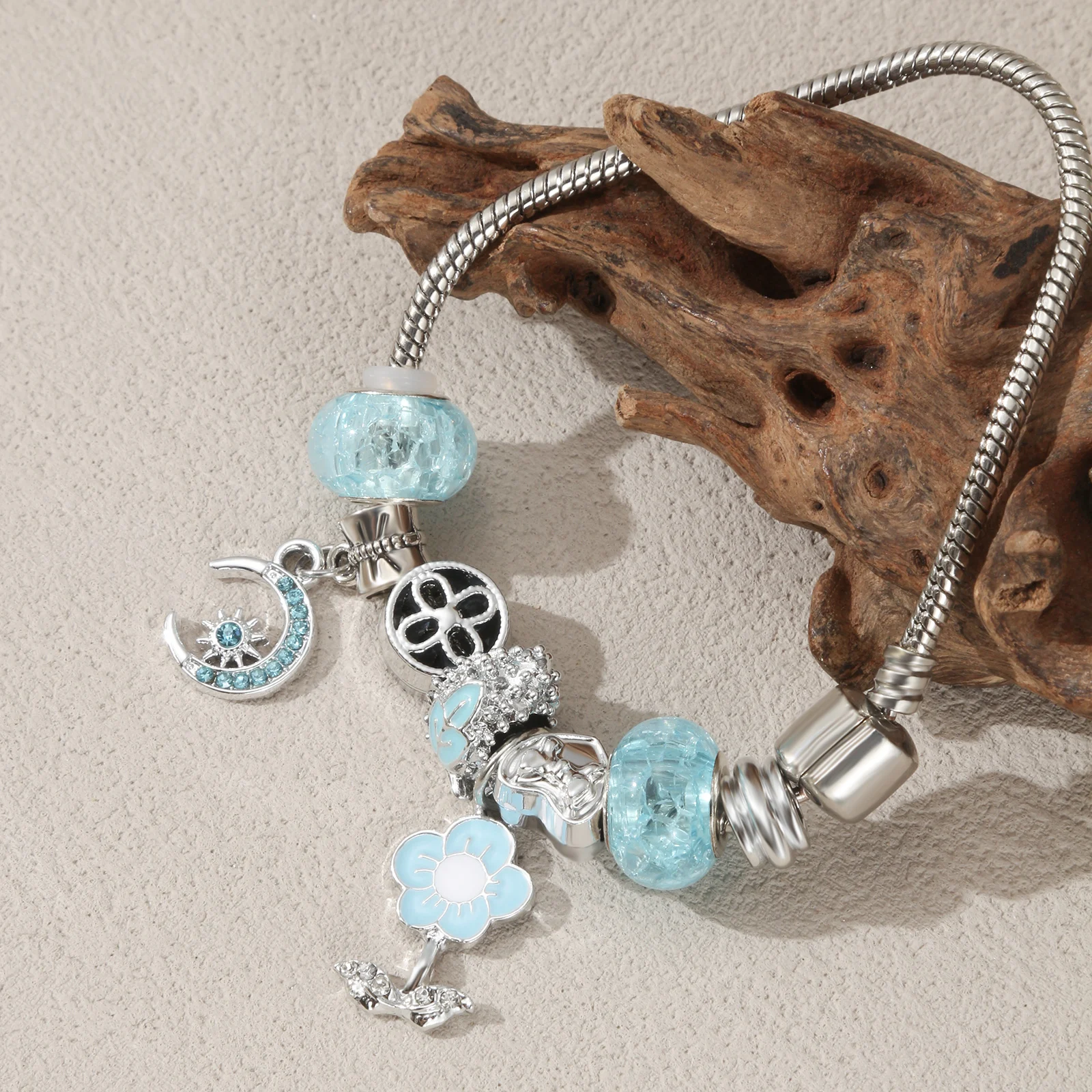 

Silver Tone Blue Flower Charm Bracelet with Moon Pendant for Women
