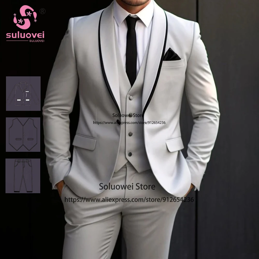 

Fashion Light Grey Suits For Men Slim Fit 3 Piece Pants Set Groom Wedding Prom Party Shawl Lapel Tuxedo Terno Masculino Completo