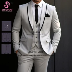 Fashion Light Grey Suits For Men Slim Fit 3 Piece Pants Set Groom Wedding Prom Party Shawl Lapel Tuxedo Terno Masculino Completo