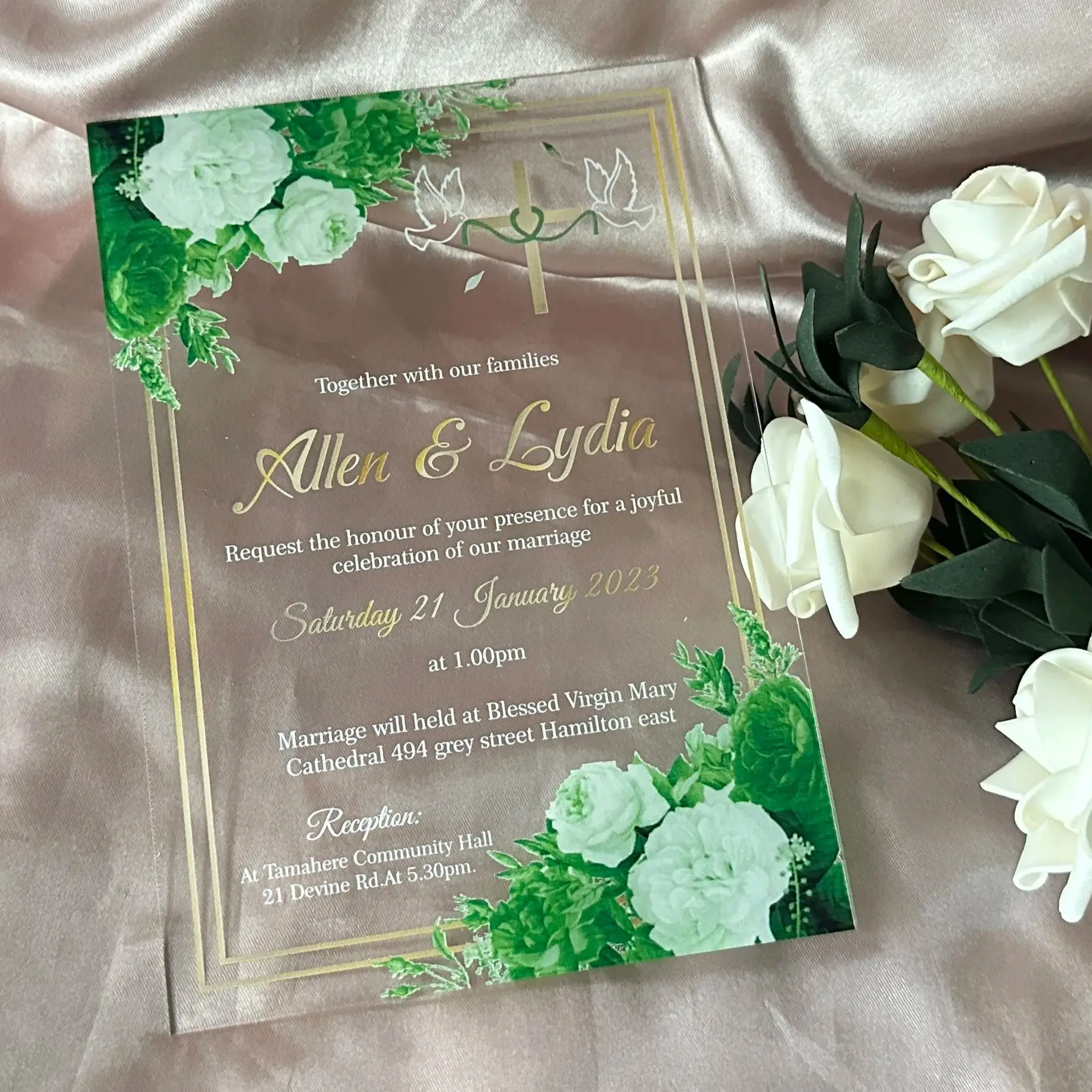 Custom Acrylic Wedding Invitation,Transparent Quinceanera Invitation,Flexible PVC Cards,Green Rose Floral, Personalized ,10pcs