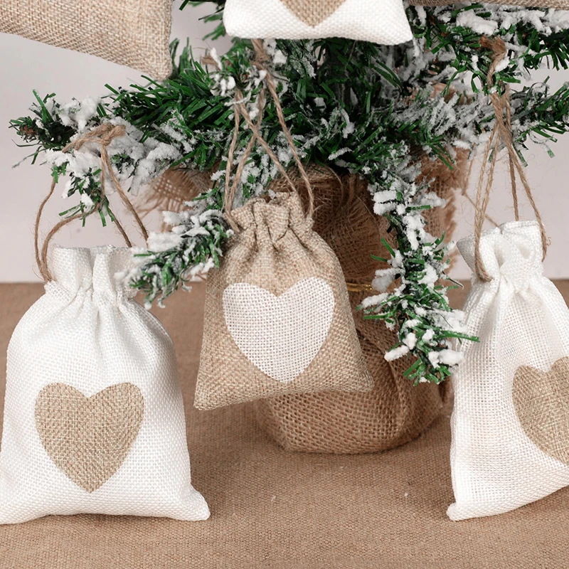 10Pcs Natural Linen Burlap Bag Heart Jute Drawstring Candy Gifts Packaging Bags For Wedding Birthday Party Decor Jewelry Pouches