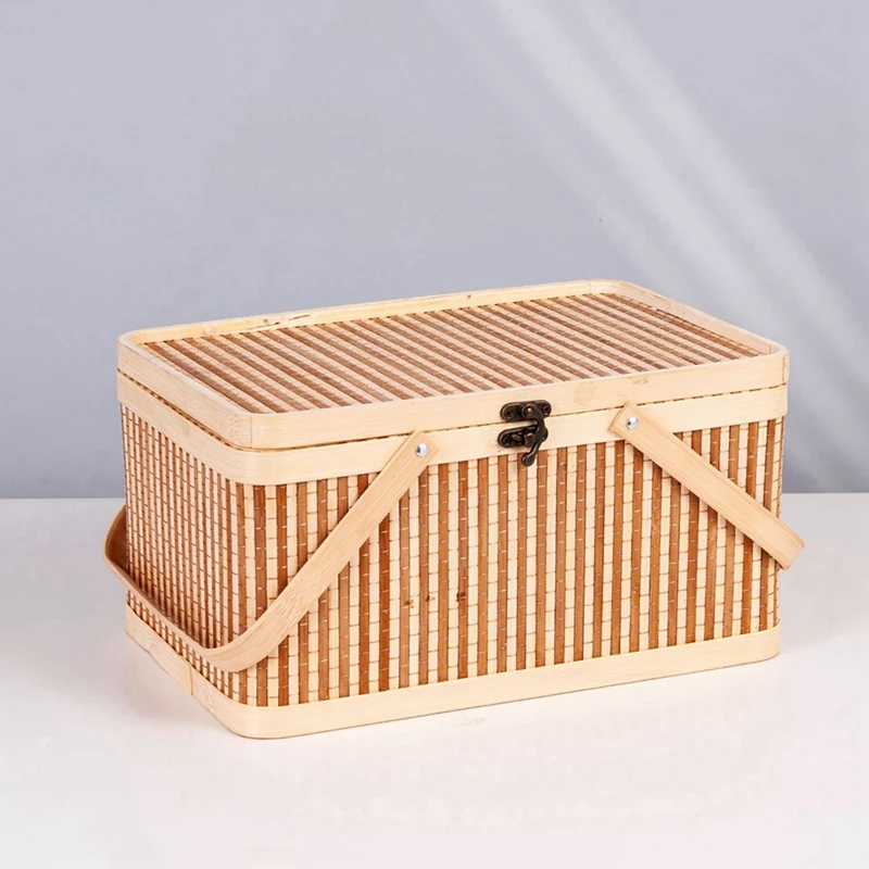 Large Bamboo Baskets Portable Picnic Baskets Fruits Natural Holder Lid Bread Zongzi Organizer