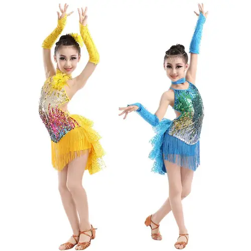 Traje de baile latino para niños, traje de baile con flecos brillantes para niñas, faldas con borlas para baile de salón latino Chacha