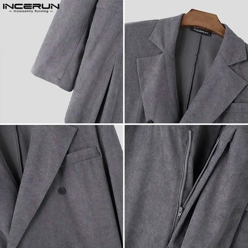 INCERUN Men Jumpsuits Solid Color Lapel Double Breasted Long Sleeve Corduroy Casual Rompers Men Streetwear 2024 Fashion Overalls