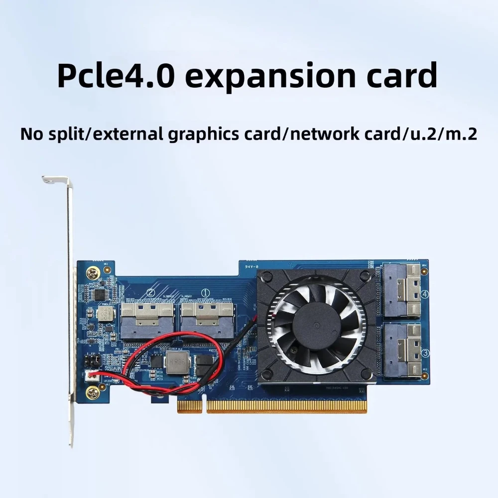 PEX88048 PCIe4.0 X16 4Ch No Split SFF8654-8i Card Adjustable X16/x8/x4 DIP Switch for NVMe U.2 M.2 SSD GPU NIC with Cooling Fan