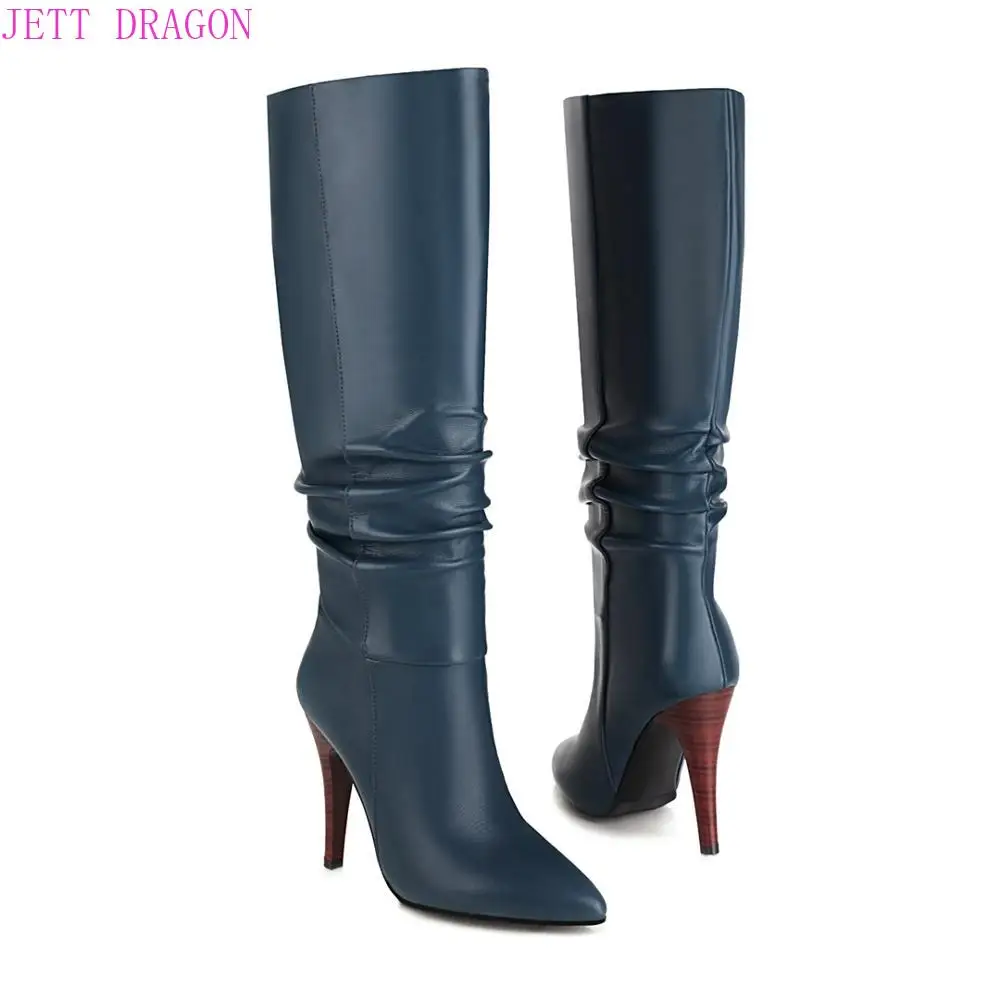 Winter Knee High Boots Women Pleated Spike Heels Long Boots Pointed Toe Super High Heel Shoes Ladies Fall Red Size 34-43