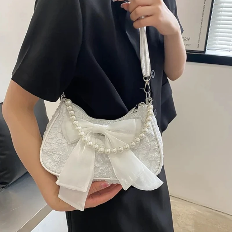 Retro Bow Single Shoulder Crossbody Bags for Women Fashion Pearl Chain Bag Women Single Shoulder Bag PU Purse Handbag