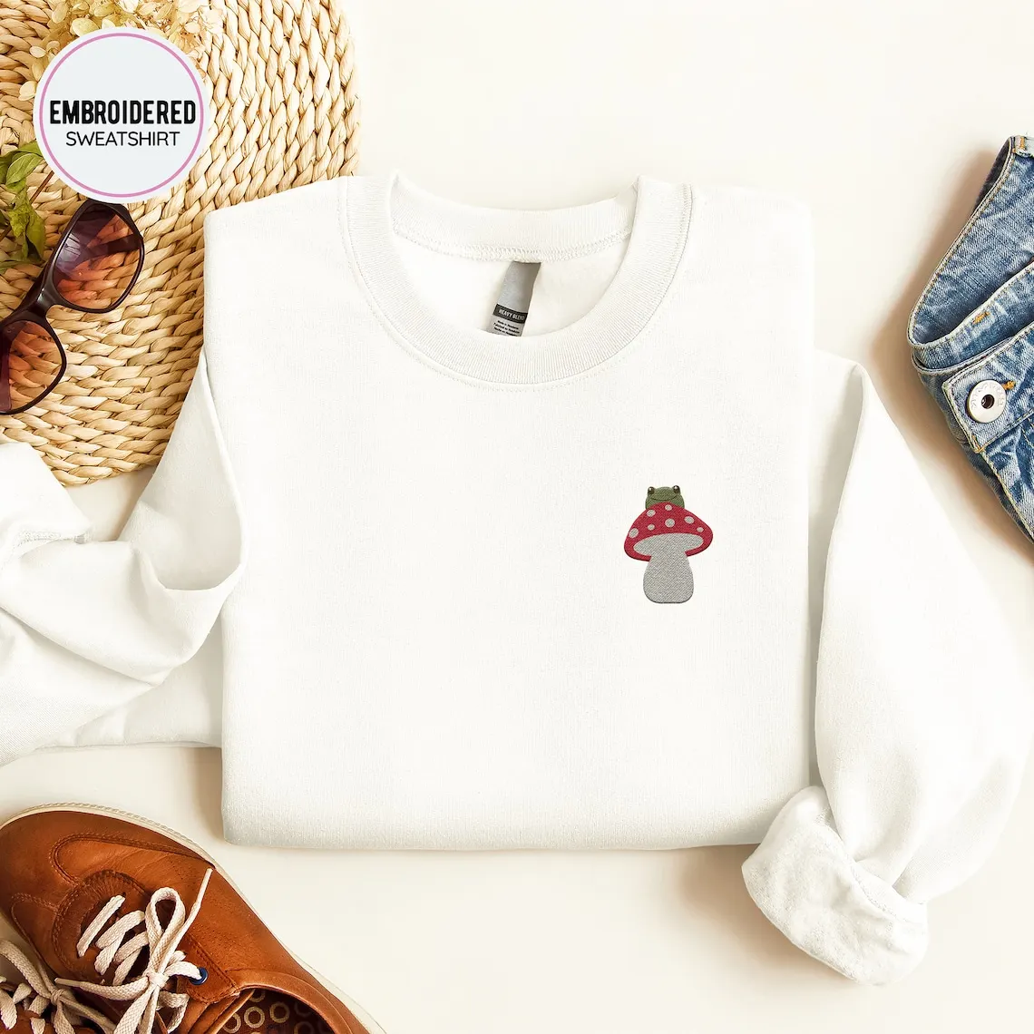 

Mushroom Froggy Embroidery Sweatshirt Casual Daily Wear Unisex Sweatshirt with Multiple Colors Versatile Stylish Pullover