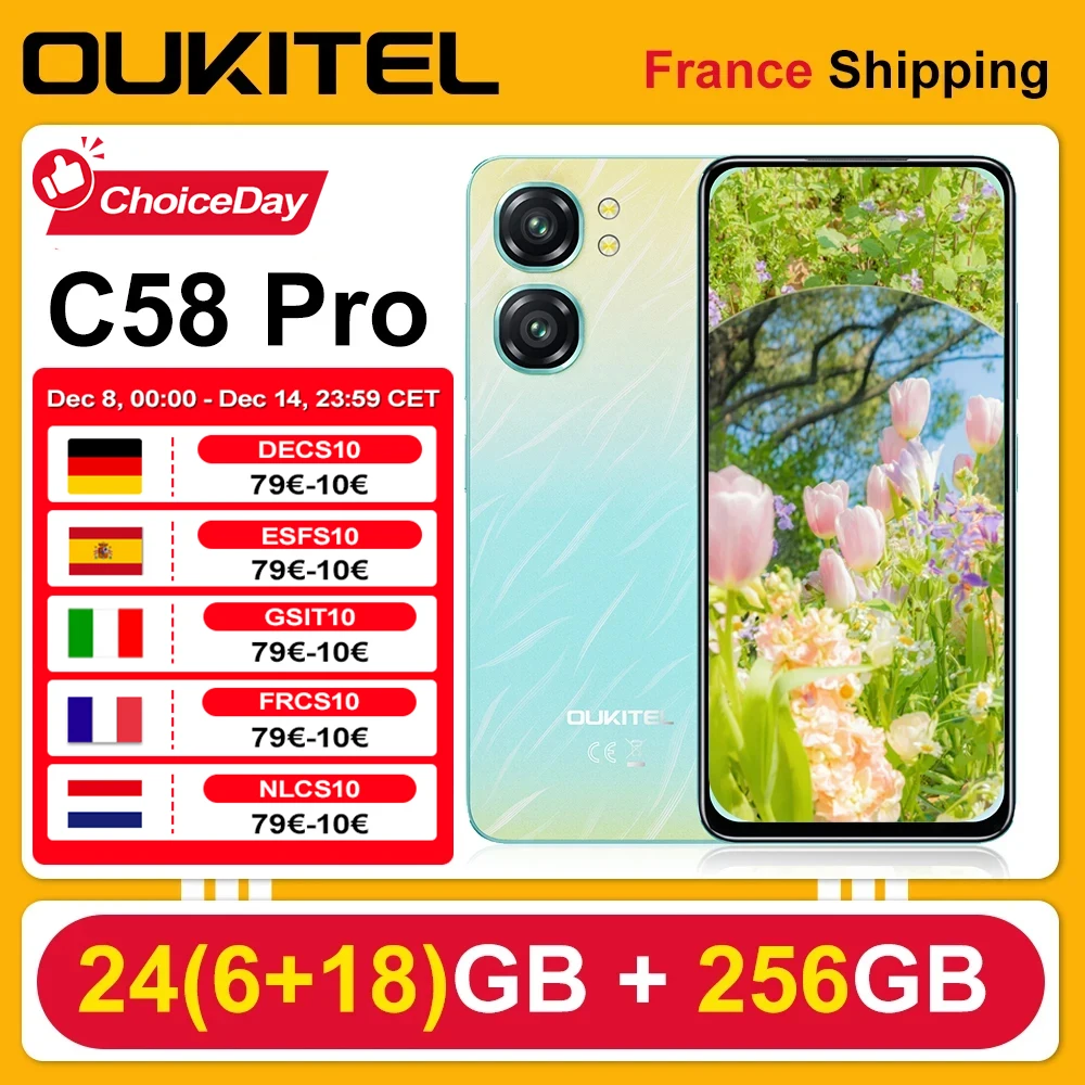 OUKITEL C58 Pro Téléphone Portable - 6,7" - 24(6+18)GB + 256GB - 50MP-5150mAh-Android 14 - Smartphone - NFC GPS Double SIM 4G