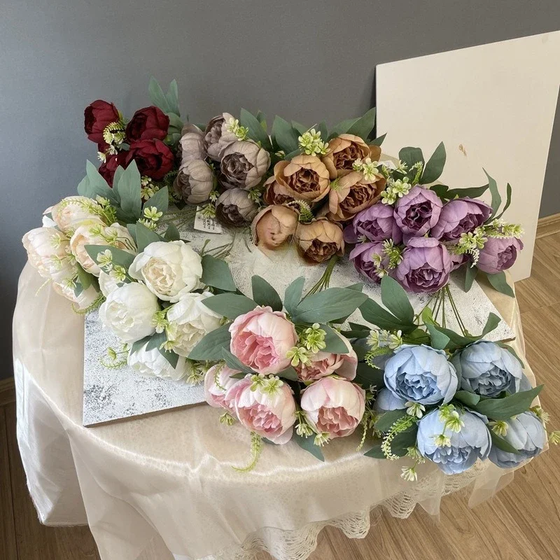 3/4 Stück Hochzeits-Pfingstrosen in Rosa, herzförmig verpackt, künstliche Blumen, 7 Blütenköpfe, Pfingstrosenstrauß, Seidenblumen, Heimdekoration – Detail 2