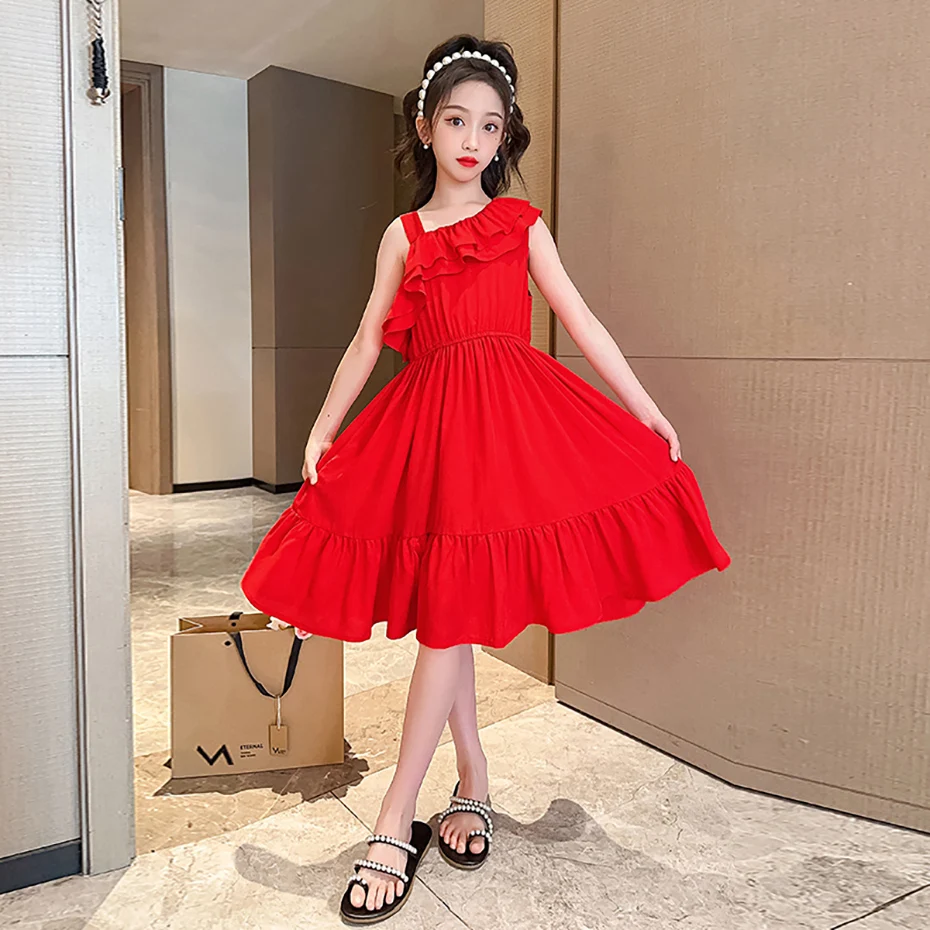 Kids Dresses For Girls Solid Color Girl Summer Dress Casual Style Dress For Children Big Childrens Clothing 6 8 10 12 14