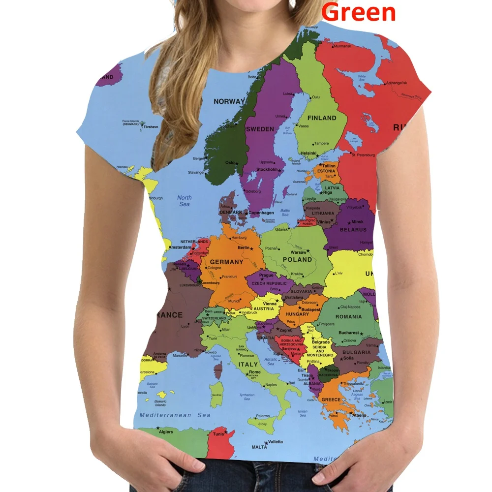 Women Fashion World Map 3d Printing T-shirt Funny Summer Tops Women\'s Short Sleeved Novelty T Shirt Round Neck Casual Blouse