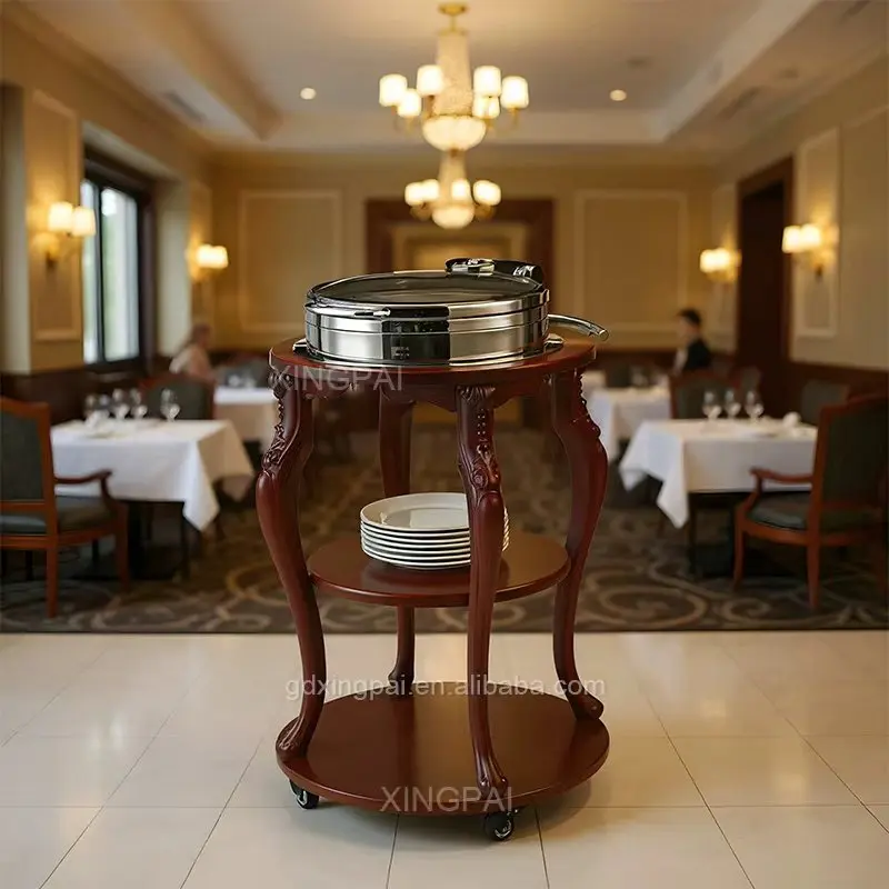 

Luxury Catering Equipment 3-Tier Cooking Food Warmer Hotel Cart Wooden Serving Hotel Flambe Trolley for Buffet