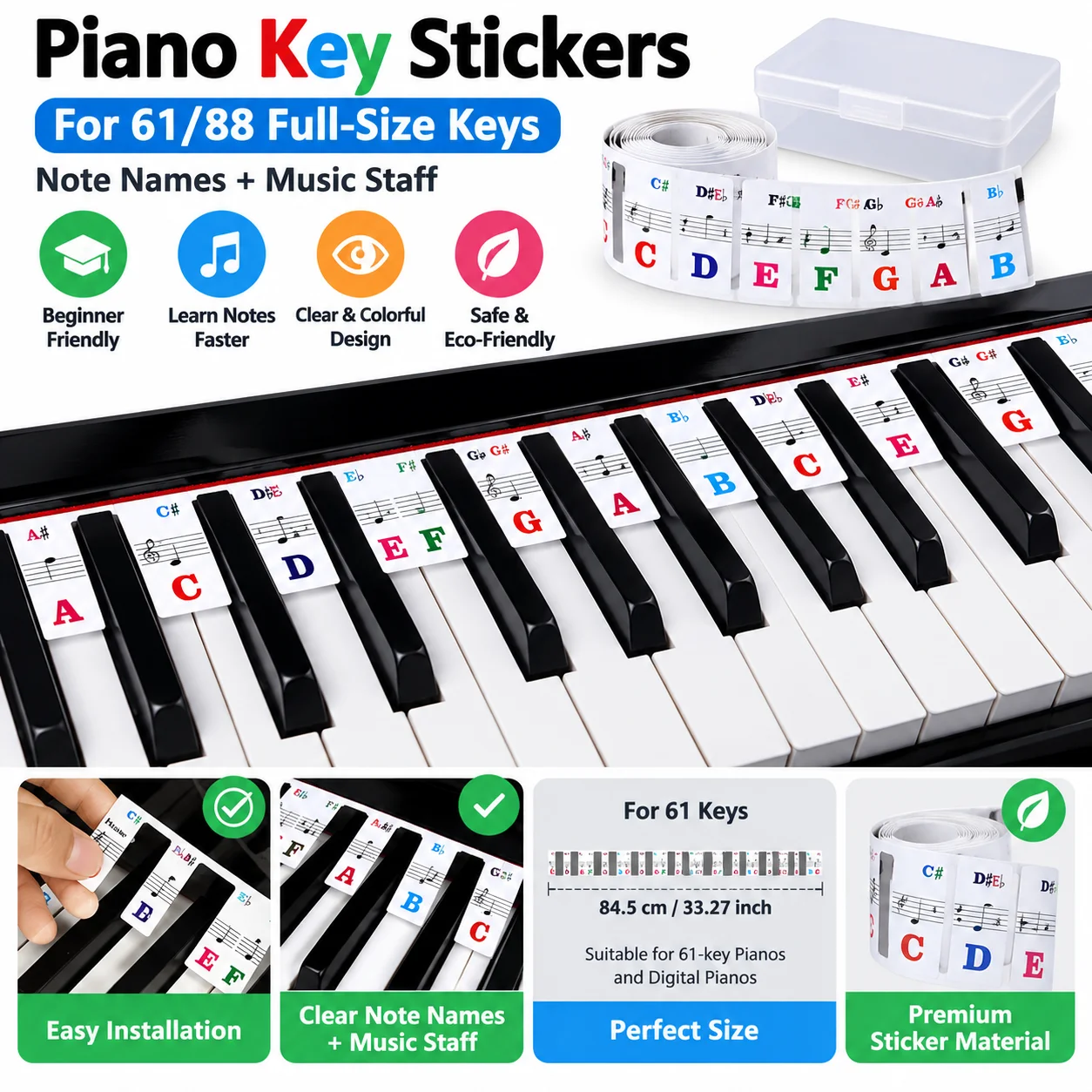 Piano Keyboard Note Stickers for Beginners Kids, 61/88 Keys Reusable Piano Key Notes Overlay with Storage Case