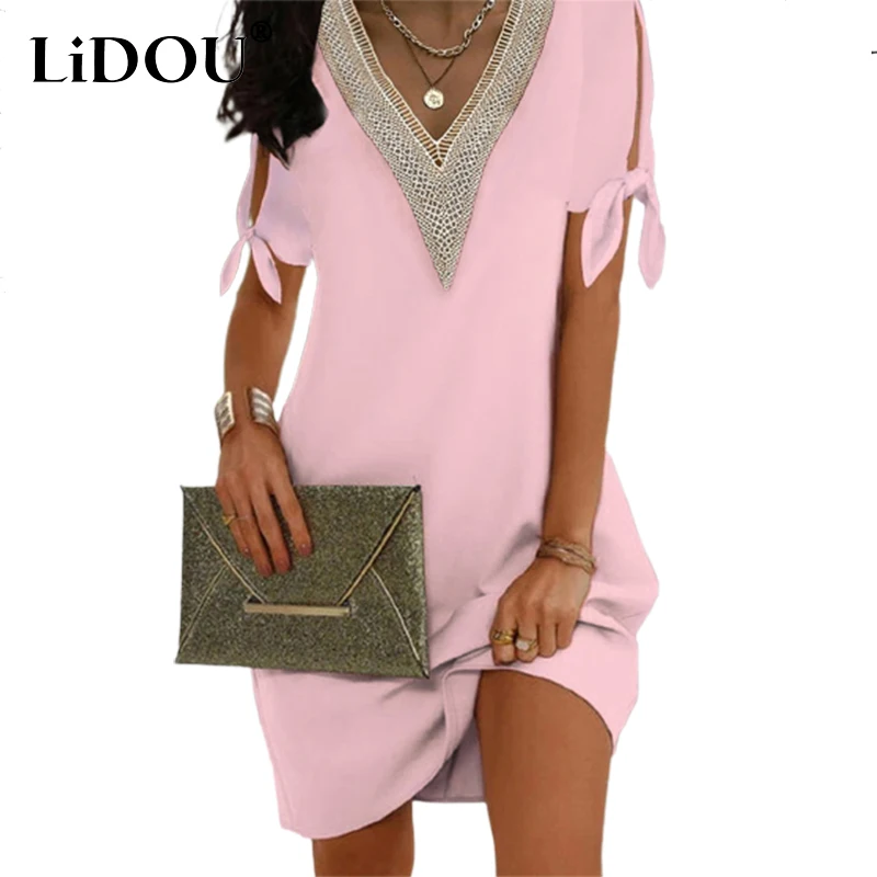 

Женское ажурное платье с V-образным вырезом, элегантное свободное Повседневное платье составного кроя с бантом, лето 2023