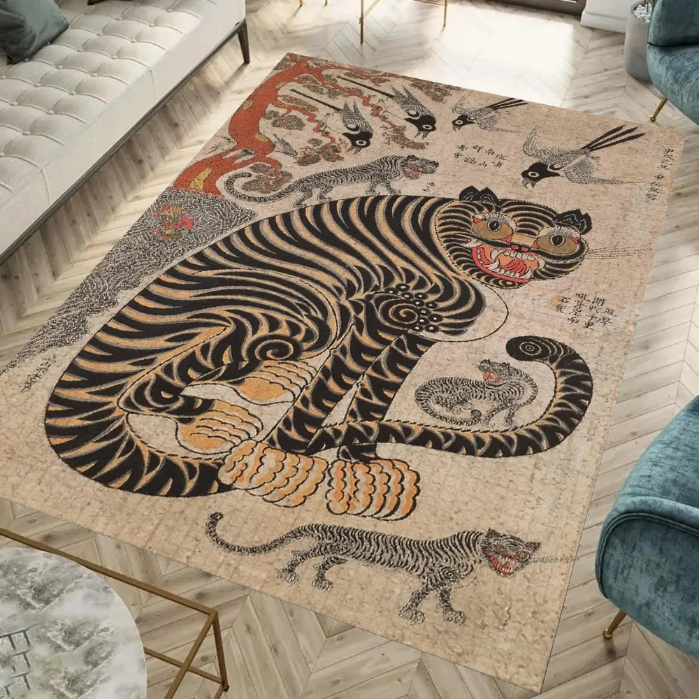 Retro Japanese Tiger Art Pattern DoorMat, Non-slip Carpet, Suitable for Living Room, Bedroom, Bathroom, Holiday Home Decoration