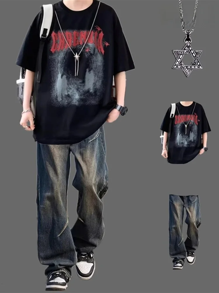 

Summer ort Sve T-irt Set for Men American Street Sle High Waist Jeans Two Piece Set Casual Sportswear for Teenagers