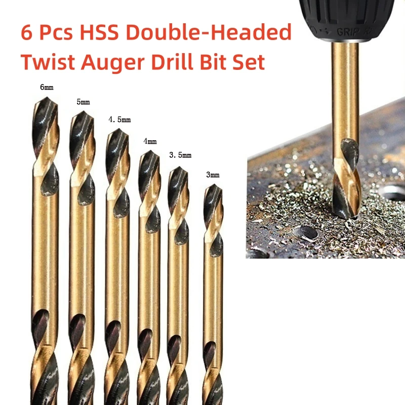 6Pcs HSS Double-headed Auger Drill Bits Tool for Metal Stainless Steel Wood Drilling Dia 3mm/ 3.5mm/ 4mm/ 4.5mm/ 5mm/ 6mm