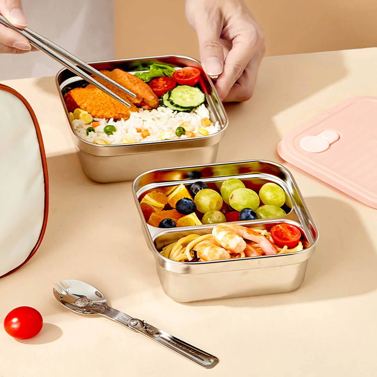 WORTHBUY Lunchbox aus Edelstahl 304, mit Deckel, tragbarer Obstsalat-Lebensmittelbehälter, stapelbar, auslaufsicher, Bento-Box für Studenten – Detail 3