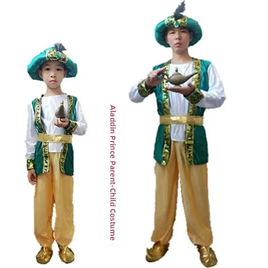 هالوين تأثيري الكبار الأطفال حفلة تنكرية الكرة علاء الدين الأمير الملك أداء الوالدين والطفل زي Ele ثوب مسائي