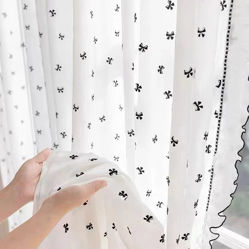 

French Sheer Curtains for Living Room White Voile Curtain with Bow Tie Girl Bedroom Curtain Korean Window Curtain Romantic Drape