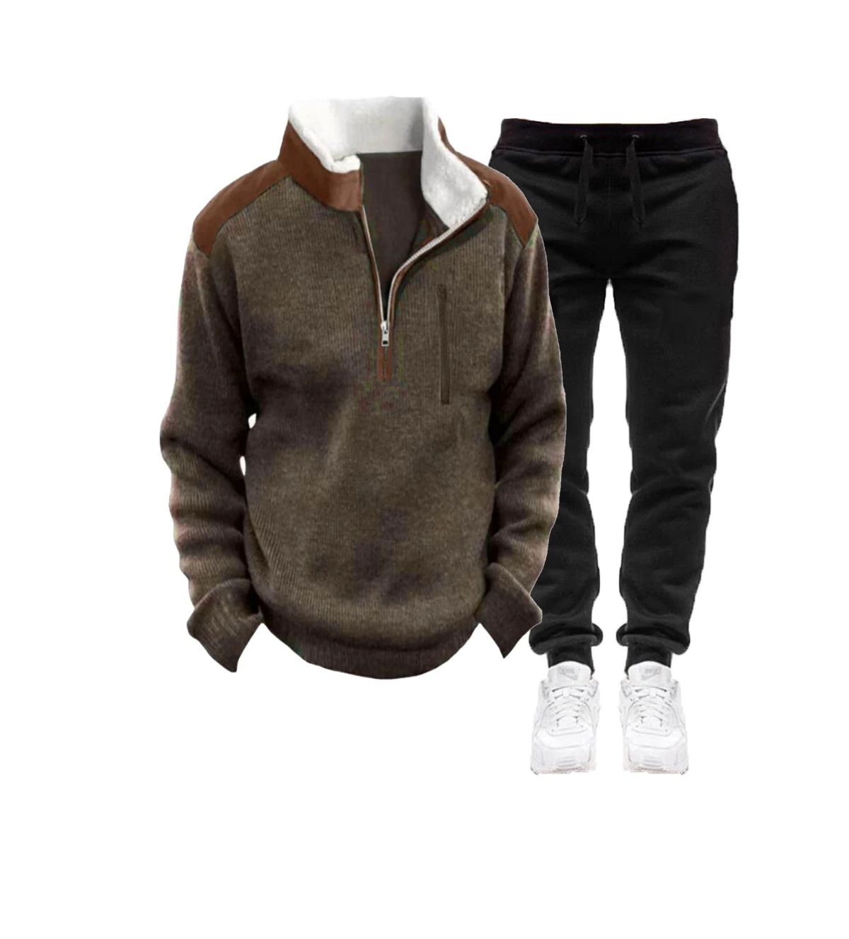 New men's fall/winter sports outfit with half-zip sweater, stand-up collar, 3D top, pure black pants