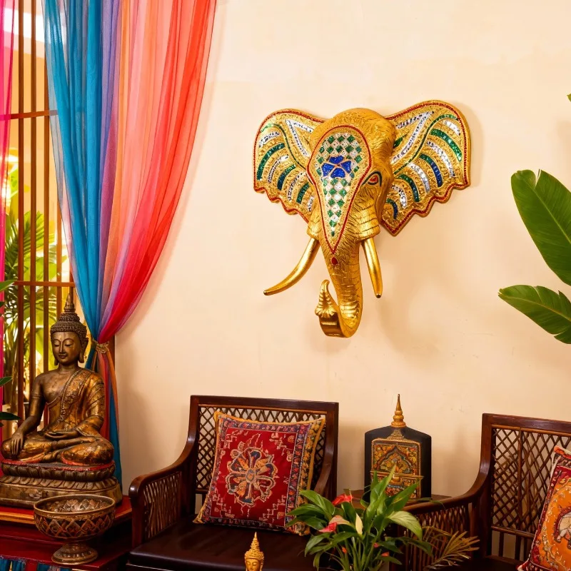 Style crafts elephant head solid wood carving creative entrance wall decoration restaurant club SPA wall pendant