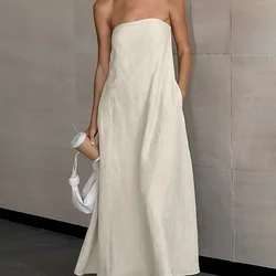 Women's Solid Color Strapless Sleeveless Pocket Dress with Personalized Design Sense, Simple Dress for Summer 2024