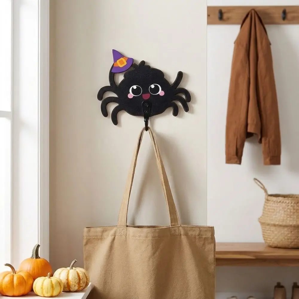 Wooden Halloween Cartoon Spider Hook Cute No-Drill Keys Holder Wall Mounted Gothic Style Spider Wall Hooks Entryway Organizer
