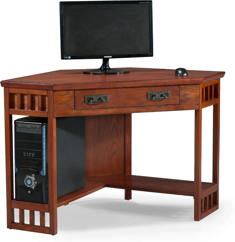 

Corner Desk, Writing Computer Desk with Drop Front Keyboard Drawer, for Home Office, Solid Wood, Mission Oak