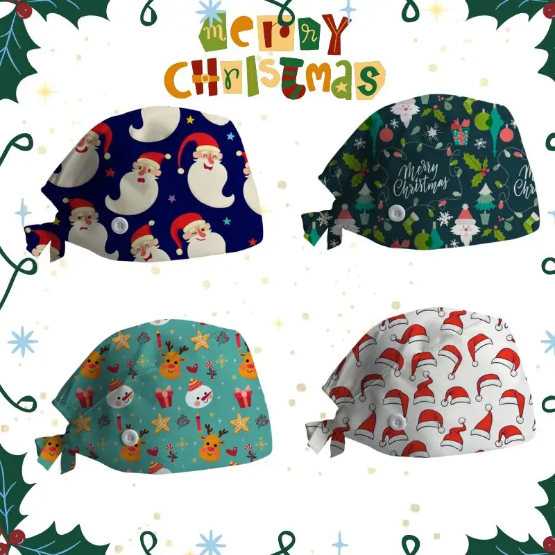 Christmas Print Scrub Caps Santa Claus Pattern Nursing Doctor Work Hat Women Men Cotton Spa Adjustable Beautician Chef Skull Cap