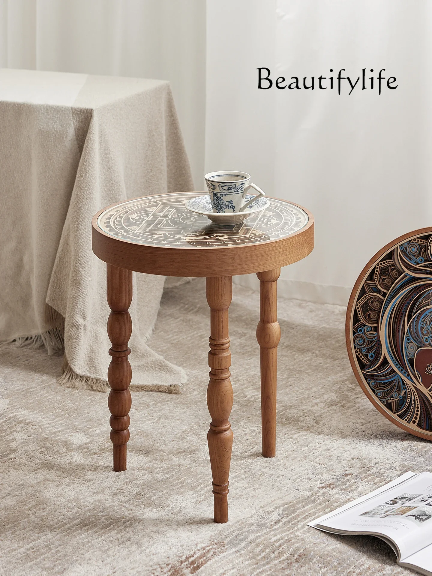 N44 French designer relief retro small round edge table antique small coffee table in the living room light luxury solid wood co
