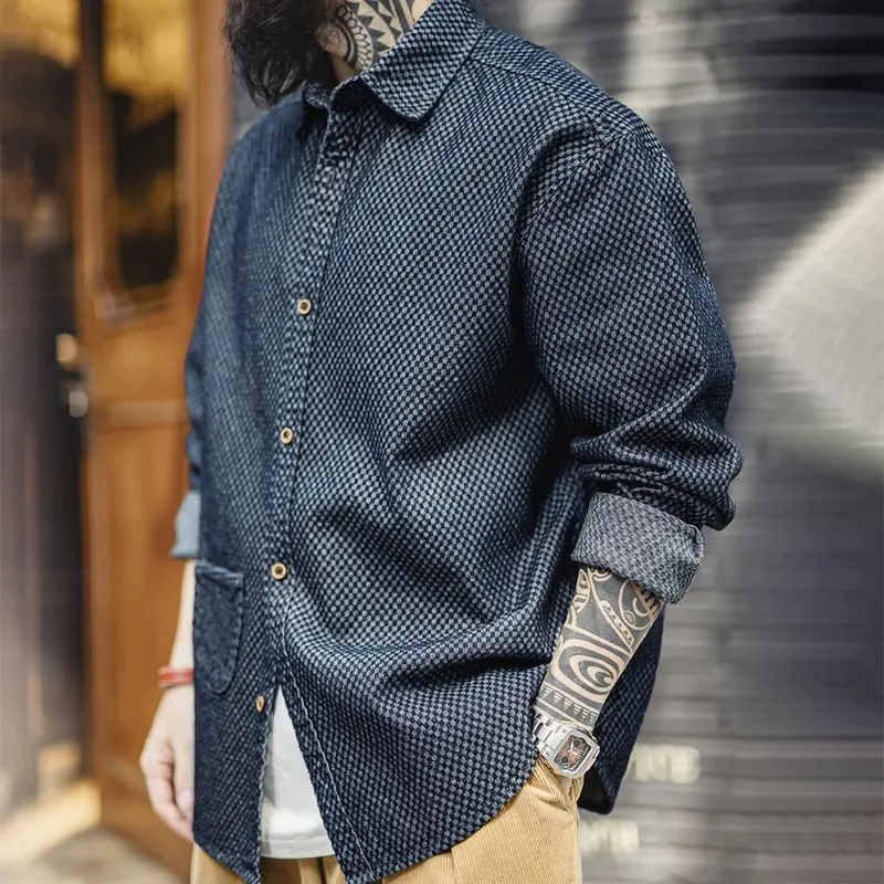 

2026 New Men's Plaid Denim Shirt Coat Retro Casual Loose Long Sleeved Shirt for Men Spring Autumn Streetwear Men Clothing
