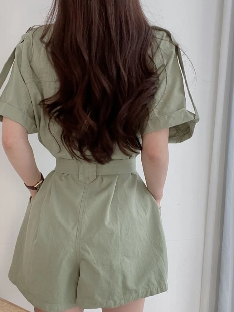 

Chic Summer Workwear Jumpsuit Women's Slimming Wide Leg Utili Pants ort Double ket Design Single Button Sle