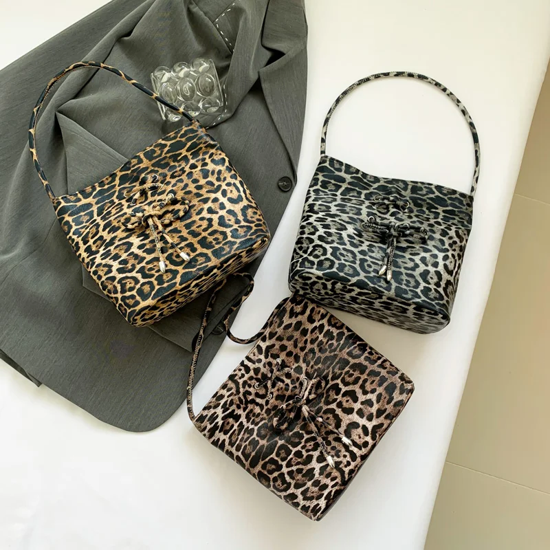 Vintage Women Handbag Leopard Pattern Leather Shoulder Bag Female Top Handle Tote Bag Bucket Underarm Shopper Bag Brand Bolsas