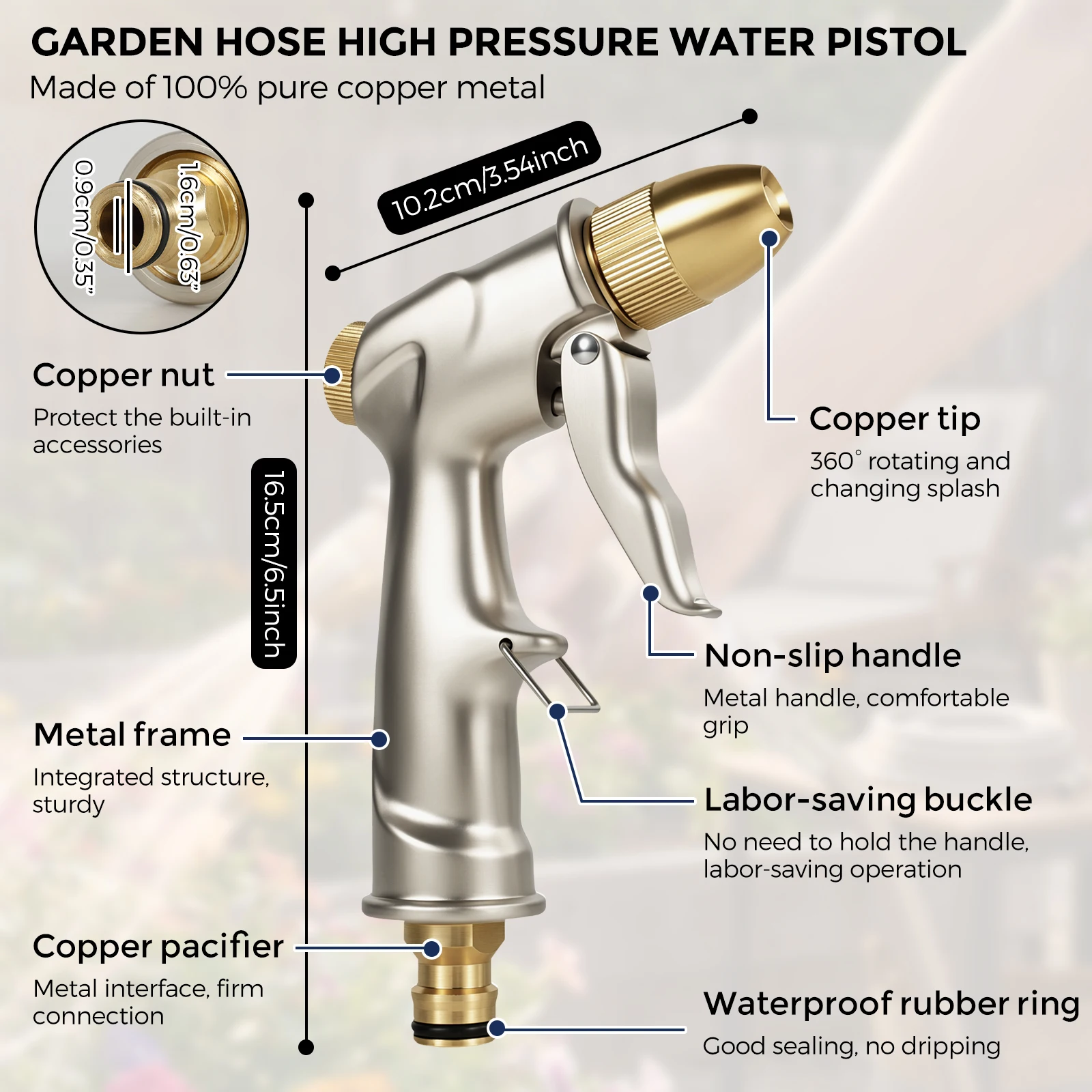 Heavy Duty High Pressure Garden Hose Nozzle Solid Brass Spray Gun with 3/4 GHT BSP Adapter for Car Washing Lawn Plant Watering