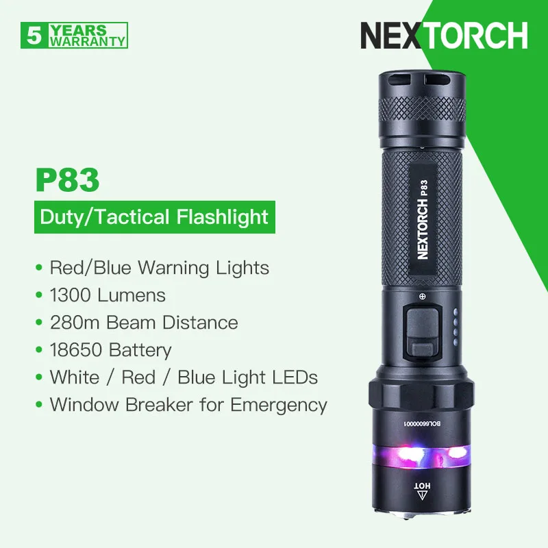 

Nextorch P83 Duty/Tactical Flashlight with Red/Blue Warning Lights, 1300 Lumens, 18650 Battery, Type-C Rechargeble, Strike Bezel