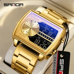 SANDA Top Brand Men's Quartz Watch Fashion Square Watch Men's Countdown Sports Waterproof Dual Display LED Digital Watches