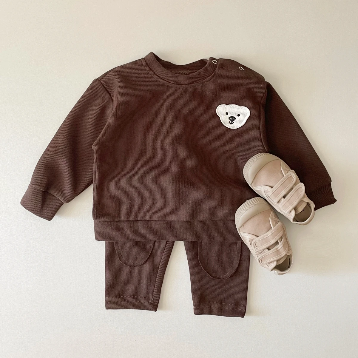 Newborn Baby Autumn Long Sleeve Cartoon Big Goose and Little Bear Pattern Patch Cotton Top+Casual Pants Preschool Clothing Set