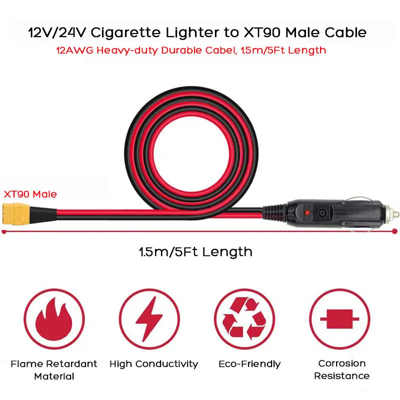 12AWG 1.5m/5FT XT90 Male to Car Cigarette Lighter Extension Charging Cable for Baseus 500W Car Inverter FPV Model RC Battery.