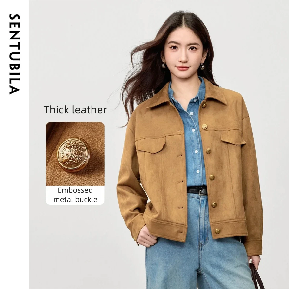 

SENTUBILA женское замшевое короткое пальто цвета хаки, осень 202, ретро пригородные куртки со спущенными плечами, ветрозащитные уличные куртки 153WB2010