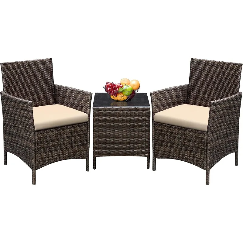 3-Piece Outdoor PE Rattan Wicker Chair with Soft Cushions and Glass Coffee Table for Garden Backyard Porch Poolside