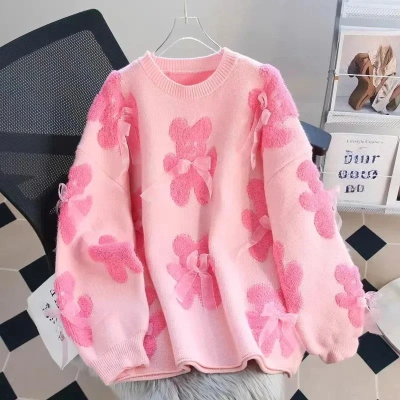 Women's Pullover Knitted Sweater Fashionable Loose Style Round Neck Top Autumn Winter New Korean Version Medium Long Sweater