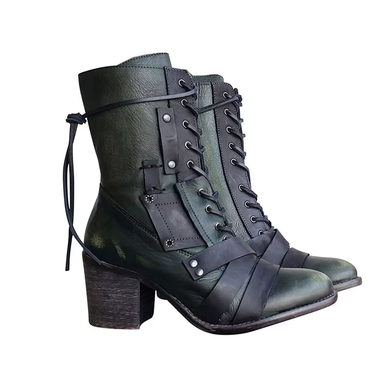 New Women Winter Outdoor Lace-up Ankle Boots Ladies Square Heel PU Boot Plus Size 35-43 Casual Booties Woman Zapatos Mujer