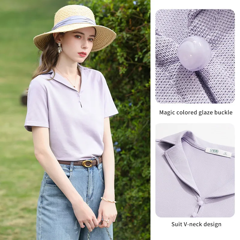 I BELIEVE YOU Purple V-Neck Short Sleeved T-Shirt 2026 Summer New Collar Glass Buckle Gentle Elegant Top For Women 2262016303