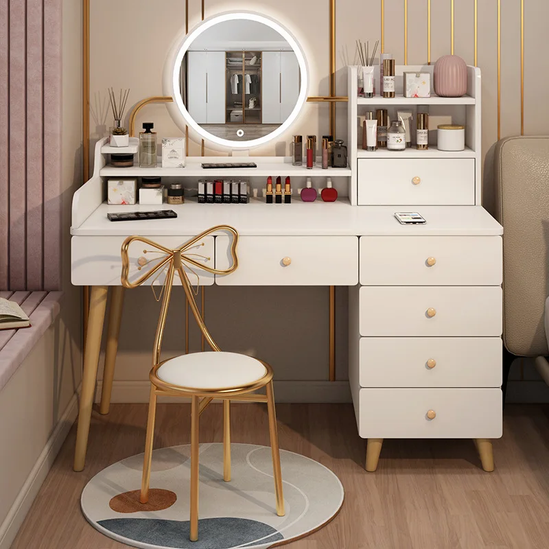 Handles Glod Drawers Dressing Table LED White Organizer Texture Cabinet Dressing Table Mirror Wood Coiffeuse Furniture