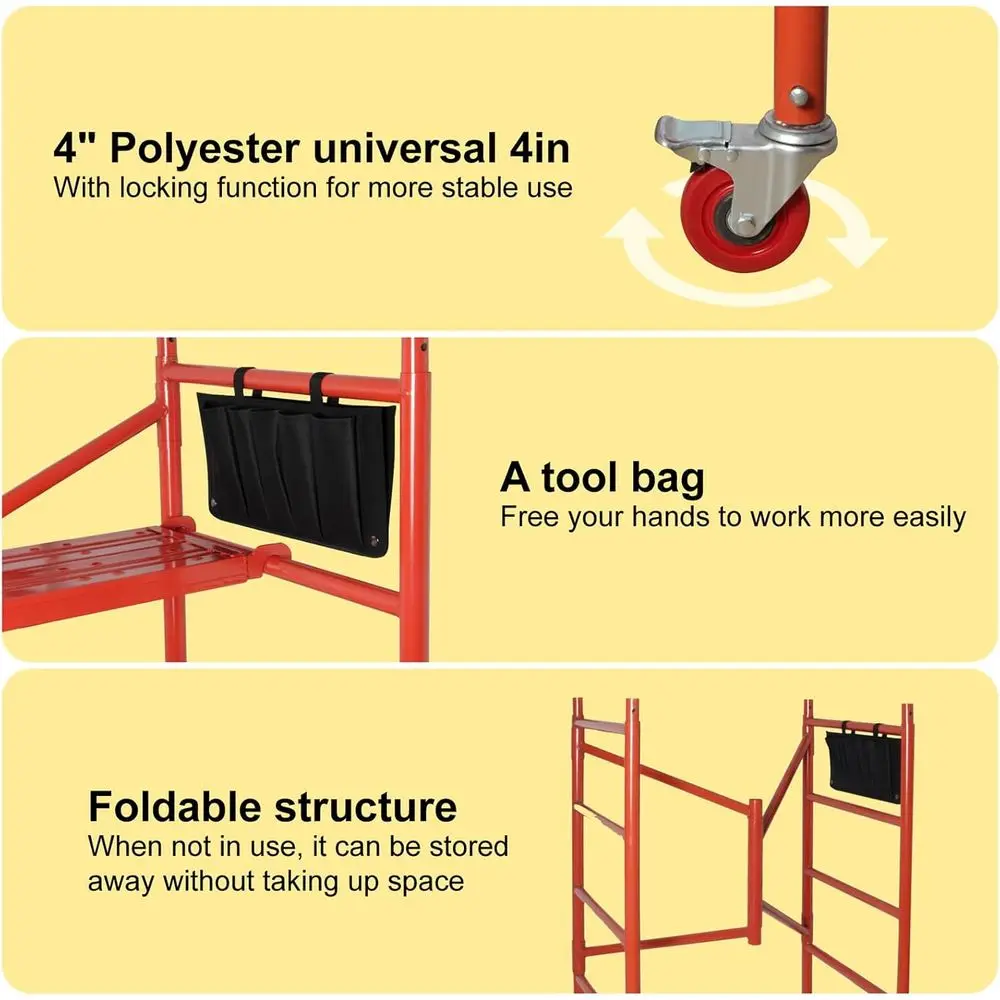 منصة سقالة 4 أقدام عالية السقالات المتنقلة سعة 770 رطل مع عجلات قفل وحقيبة أدوات، أحمر